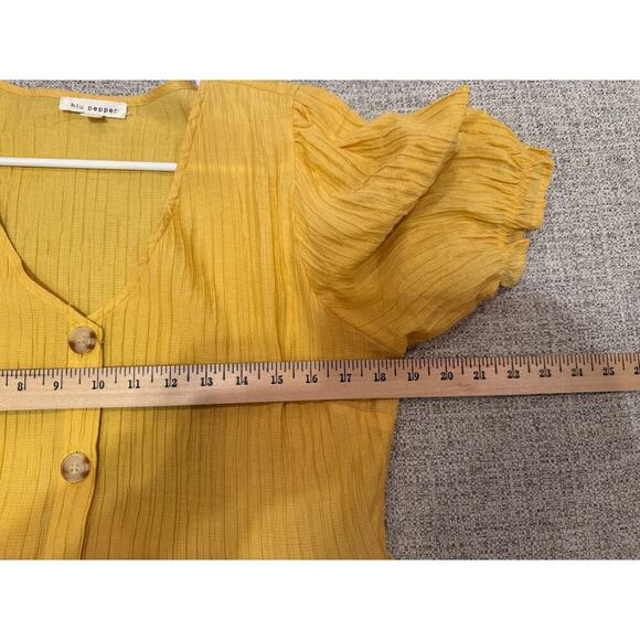 Blu Pepper Butter Yellow Midi Tiered Dress V-neck Button Up Lines Sz L - Picture 6 of 9
